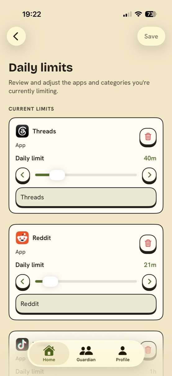 Limit settings: per-app daily budgets with sliders for Threads and Reddit