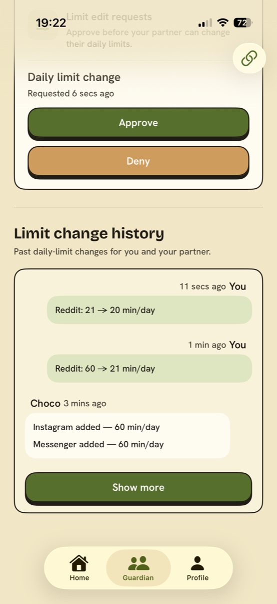 Limit-change history showing a running log of edits for you and your partner