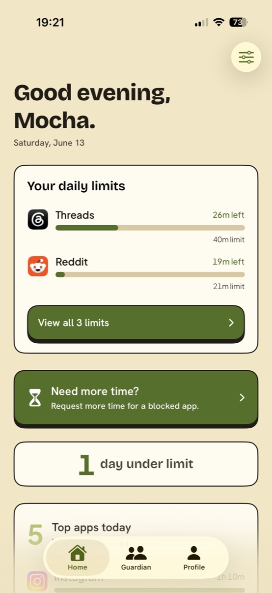 Home screen: today's app limits with progress bars and a streak counter