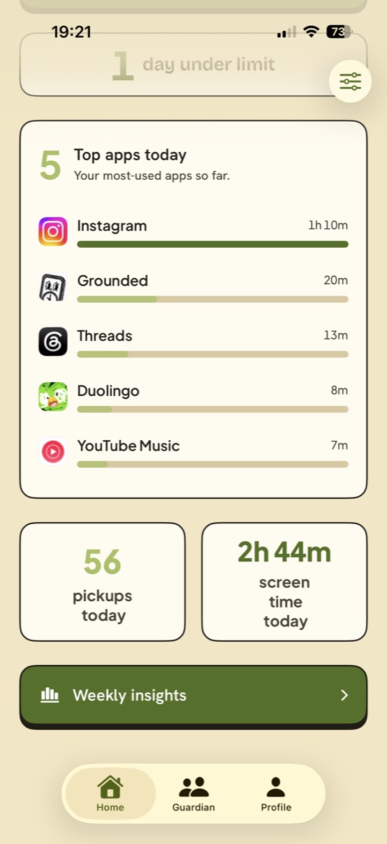 Insights: top apps today, 56 pickups, 2 hours 44 minutes of screen time