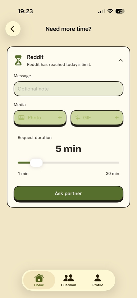 Request screen: asking a Guardian for 5 more minutes of Reddit